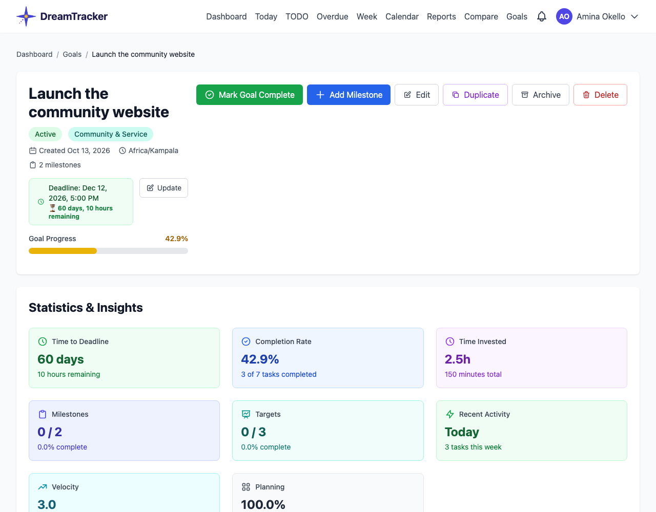 A goal's page: progress, deadline, and its milestones.