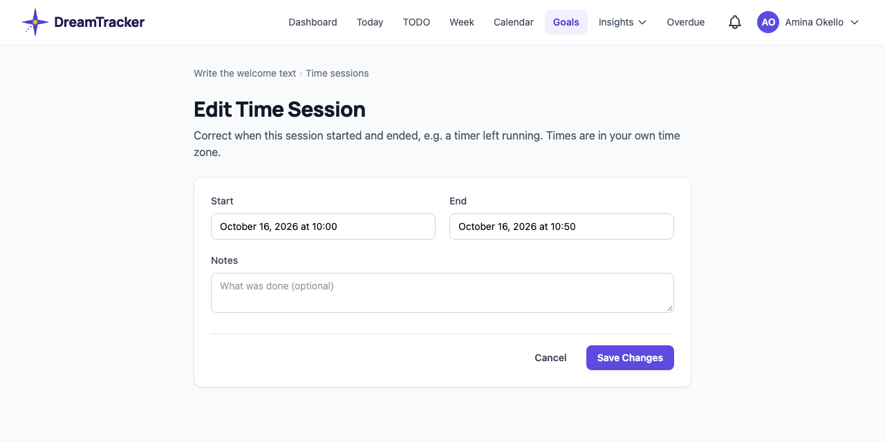 Editing a session. Times are in your own time zone (Settings → Time zone).