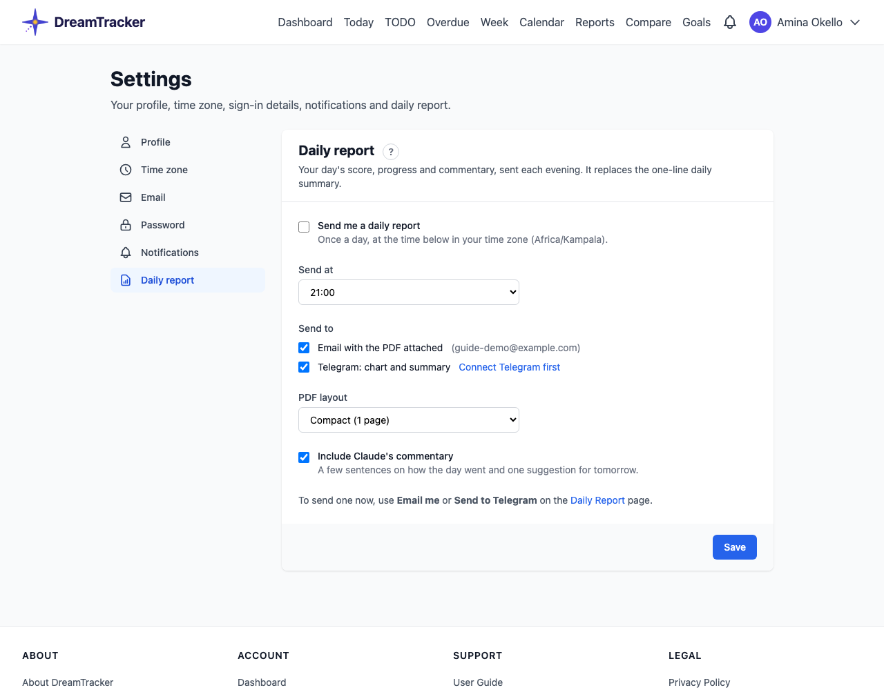 Settings → Daily report.