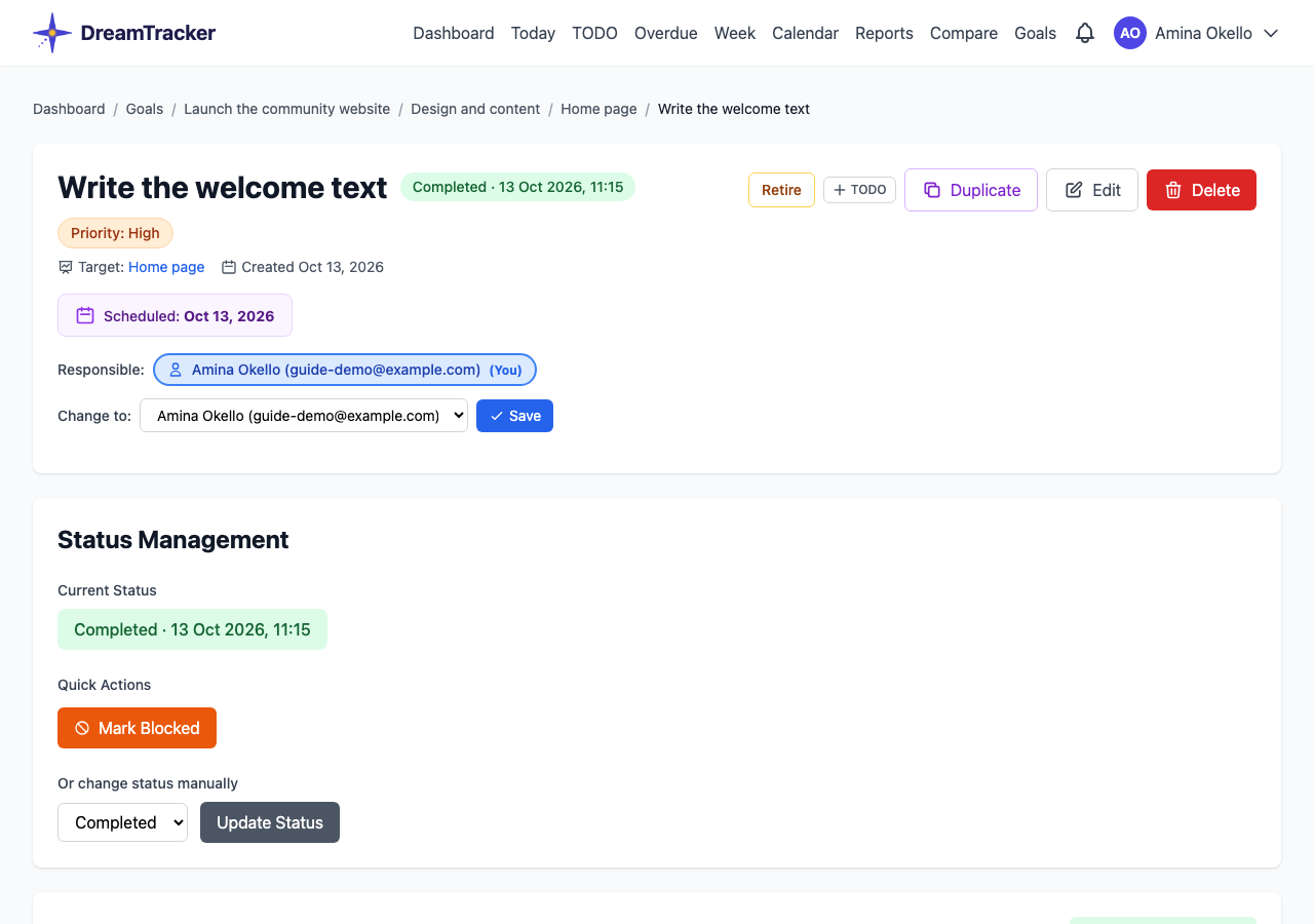 A task's page, with status buttons and the timer.