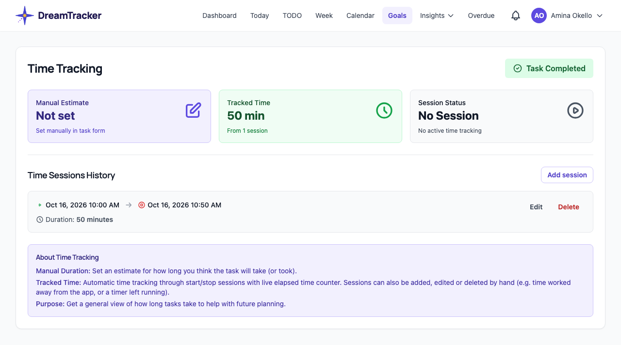 Time Sessions History on a task's page, with Add session and each session's Edit and Delete.